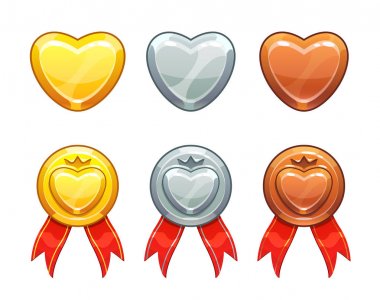 Altın, gümüş, bronz kalpler seti. Aşk başarıları. Oyun sonucu sıralama simgeleri.