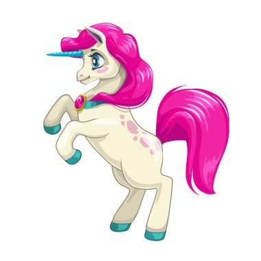 Uzun pembe saçlı sevimli karikatür tek boynuzlu at.