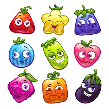 Komik karikatür renkli fantezi meyve seti. Bitki karakterleri toplama.