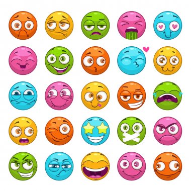 Komik çizgi film emoji karakterleri ayarlayın. Farklı duygularla yuvarlak komik yüzler.