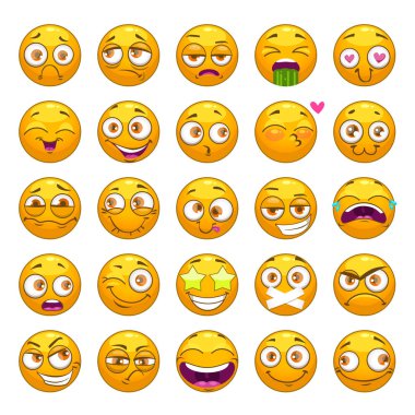 Komik karikatür sarı yüzler ayarlayın. Emoji yüz koleksiyonu.