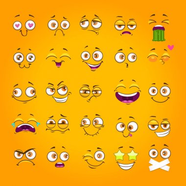 Esprili emoji seti. İfade yüz koleksiyonu. Sarı arka planda komik çizgi roman komik yüzler.