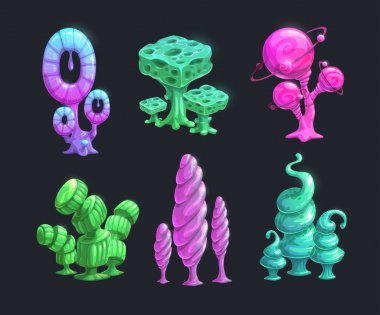 Parlak fantezi yabancı bitkiler. Vektör sihirli nushrooms seti.
