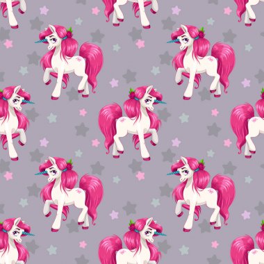 Sevimli karikatür peri tek boynuzlu atlar ve yıldızlar ile Dikişsiz desen.