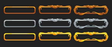 Metalik başlık afiş epik oyun tasarımı için ayarlayın. Altın, gümüş ve bronz dekoratif çerçeveler.