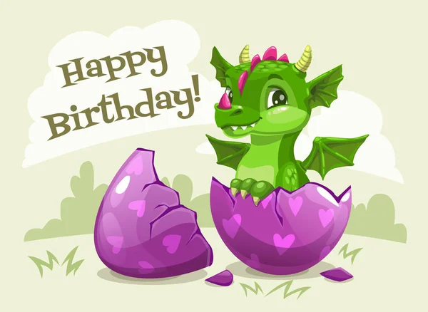 Joyeux anniversaire modèle de carte de voeux. Petit dragon vert dessin animé mignon . — Image vectorielle