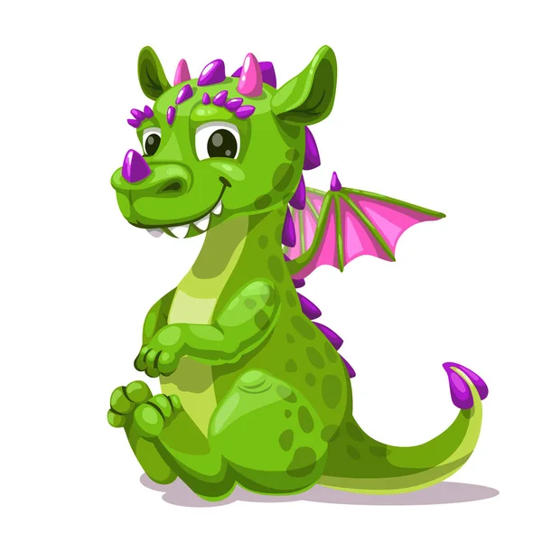 Pequeño lindo dibujo animado sentado dragón verde. Fantasía monstruo icono . — Vector de stock