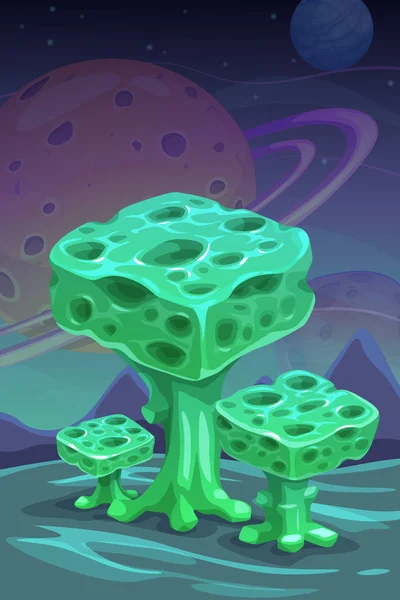 Fantasie grüne außerirdische Pilze, Cartoon magische Pflanze. ein anderer Planet Naturlandschaft. — Stockvektor