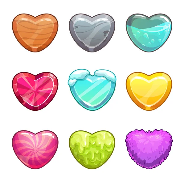 Game assets set. Cartoon heart made from different materials. — Stock Vector