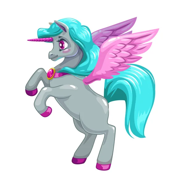 Adorable licorne fantaisie aux longs cheveux blu et ailes roses . — Image vectorielle