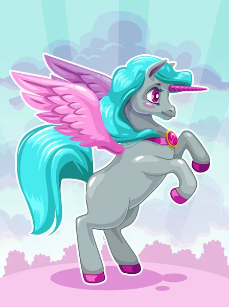 Hermoso unicornio vactoon en el fondo nublado de hadas . — Vector de stock