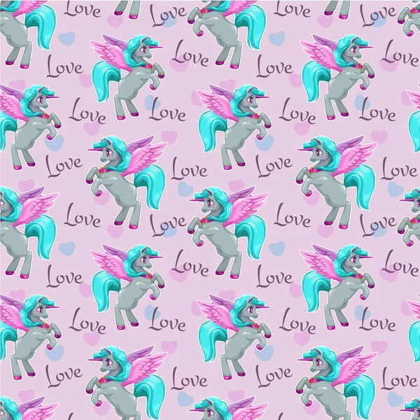 Wallpaper fantasi dengan pegasus lucu. Indah peri pola mulus . - Stok Vektor