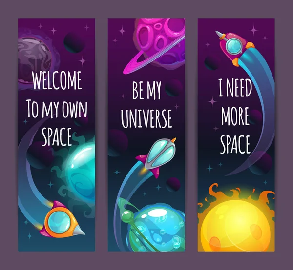 Vertikale Weltraum-Banner mit trendigen Zitaten, außerirdischen Planeten und fliegenden Raumschiffen. — Stockvektor