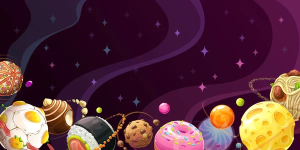 Yummy world. Colorful cartoon food planets on the space background. — Stock Vector
