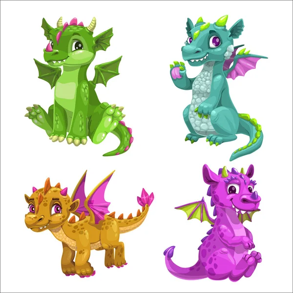 Pequeños dibujos animados lindo bebé dragones conjunto. Vector . — Vector de stock