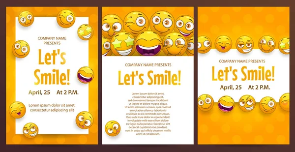 Üç komik posterler şablon seti. Emoji karakterleri ile vektör broşür sayfaları. — Stok Vektör