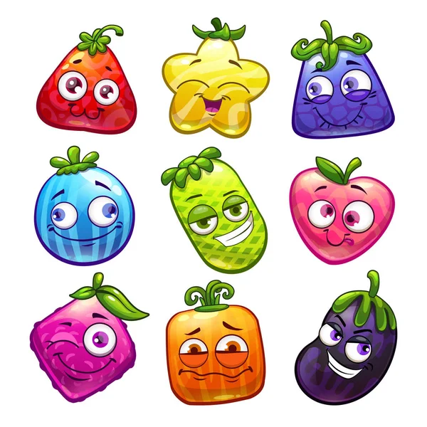 Funny cartoon colorful fantasy fruits set. Plant characters collection. — Stock Vector