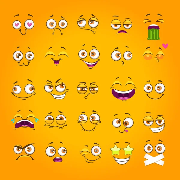 Conjunto emoji humorístico. Colección de caras emoticones. Caras cómicas de dibujos animados divertidos sobre fondo amarillo . — Vector de stock