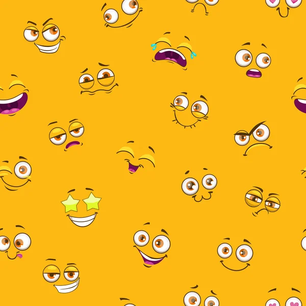Seamless pattern with funny cartoon faces on yellow background. — Stock Vector