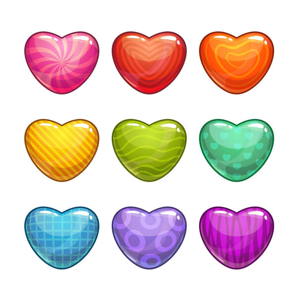 Cute cartoon colorful glossy heart shaped candies.