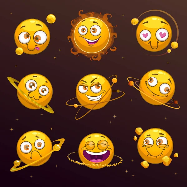 Divertidos planetas amarillos de dibujos animados con caras cómicas . — Vector de stock