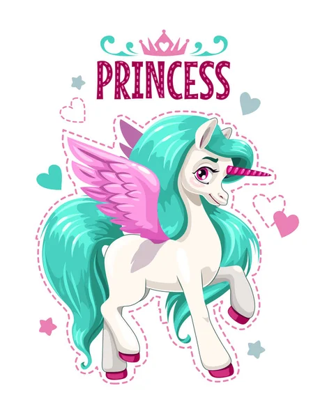 Pequeña linda princesa unicornio de dibujos animados. Dibujos animados pegaso ilustración . — Archivo Imágenes Vectoriales