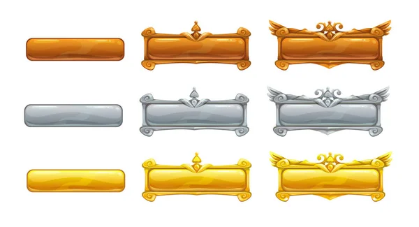 Bandeiras de títulos metálicos para design épico de jogos. Molduras decorativas de ouro, prata e bronze . —  Vetores de Stock