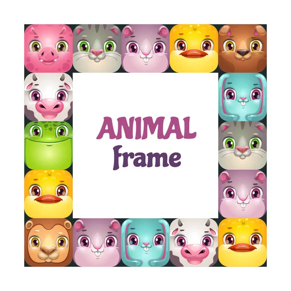 Funny vector square frame with comic cartoon animal faces. — Stock Vector