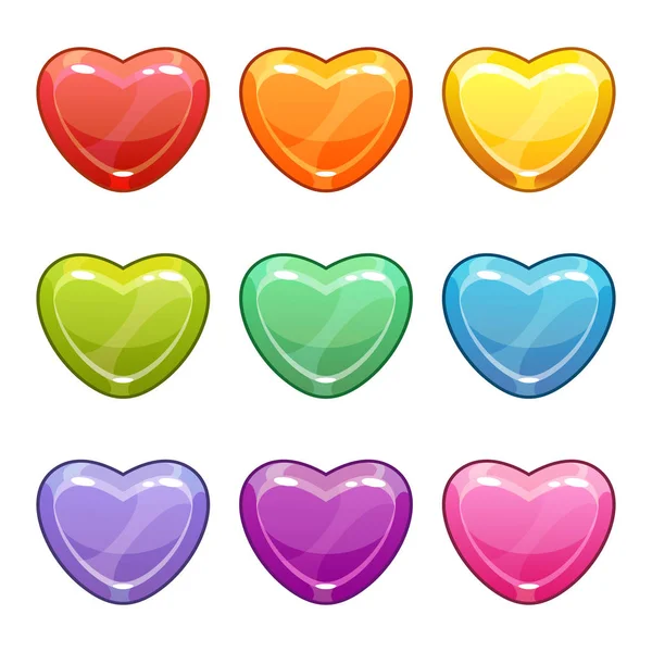 Valentines Day love symbols. Cute cartoon decorative colorful glossy hearts set. — Stock Vector