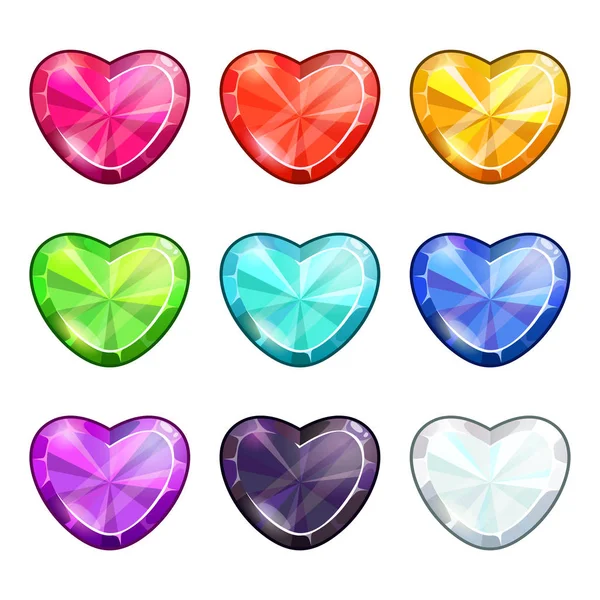 Love symbols. Set of cartoon crystal hearts. Beautiful assets for game design. — Stock Vector