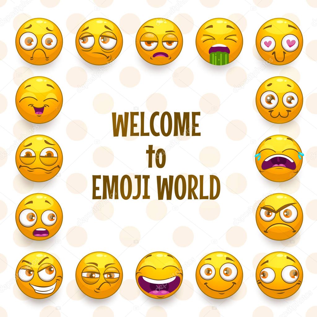 Emoji frame. Funny vector background with comic yellow faces.