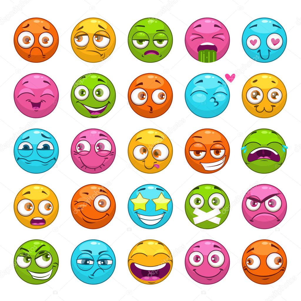 Funny cartoon emoji characters set. Round comic faces with different emotions.