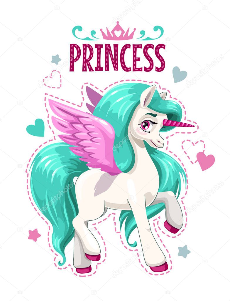 Little cute cartoon unicorn princess. Cartoon pegasus illustration. Fantasy pony print for t shirt design.