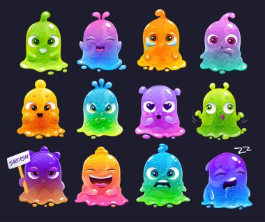 Küçük sevimli karikatür renkli glitter slime karakter seti.