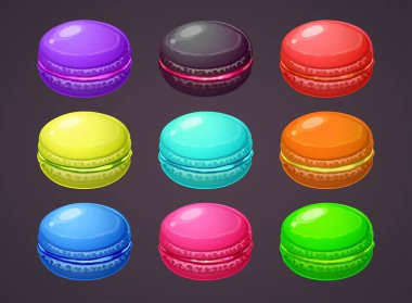 Macaron illüstrasyonu. Karikatür renkli macaroons ayarlayın. Vektör beze çerezleri simgeleri.