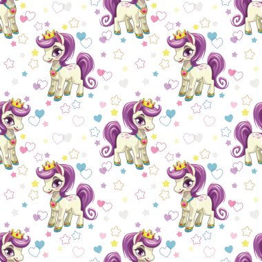 Tatlı midilli baskı. Sevimli karikatür küçük at prenses ile Dikişsiz desen