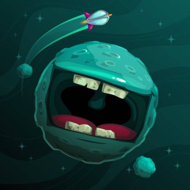 Kozmik arka plan üzerinde dev korkunç ağız ile Karikatür fantezi mavi canavar gezegen.