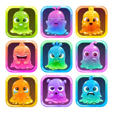 Kare kare sevimli karikatür renkli sümüklü karakterler. Slime oyun logo seti.