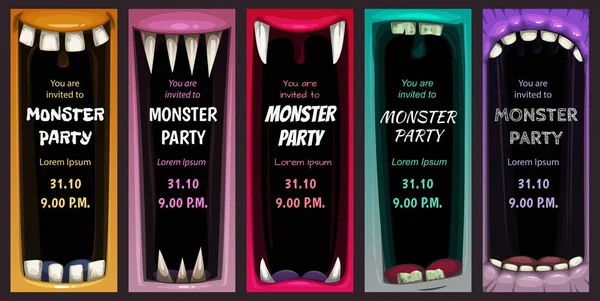 Folhetos de convite de festa de Halloween assustador. Cartazes coloridos boca monstro gritando . — Vetor de Stock