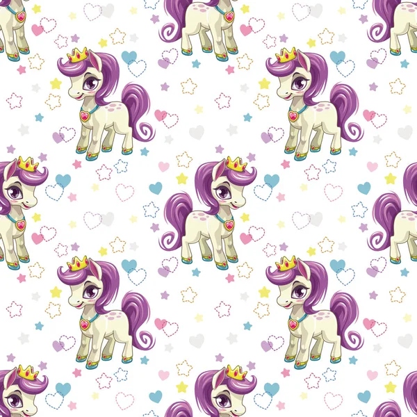 Sweet pony print. Seamless pattern with cute cartoon little horse princess — Stock Vector