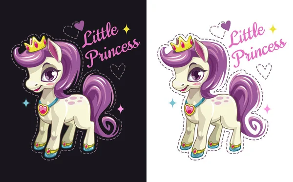 Kleine prinses. Cartoon mooie pony met paars haar. — Stockvector
