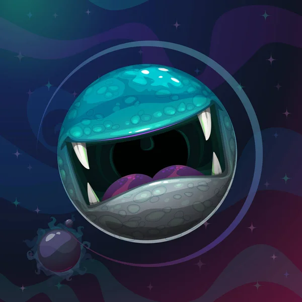 Cartoon fantasy monster planet with giant scary mouth on spacmic background . — стоковый вектор