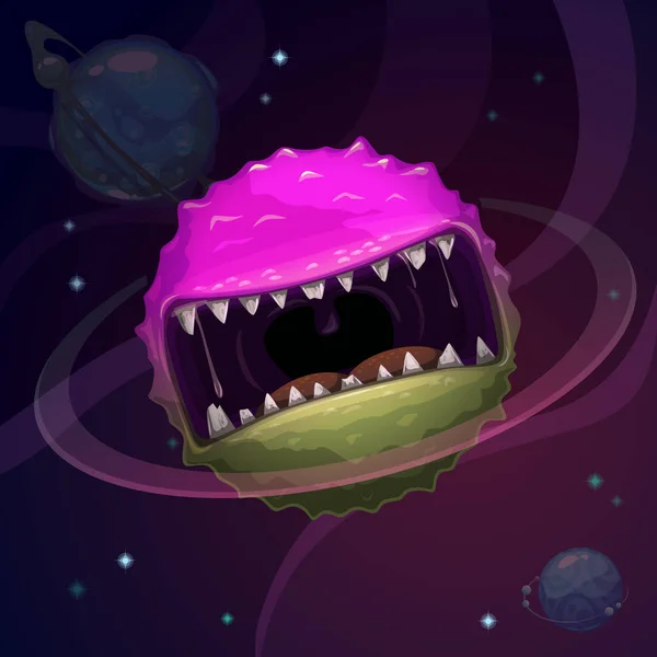 Cartoon Fantasy Monster Planet met gigantische enge mond op kosmische achtergrond. — Stockvector