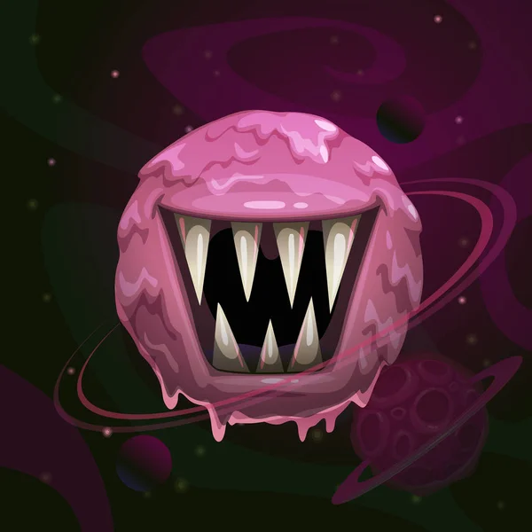 Dibujos animados fantasía monstruo rosa planeta con gigante espeluznante boca sobre fondo cósmico . — Archivo Imágenes Vectoriales