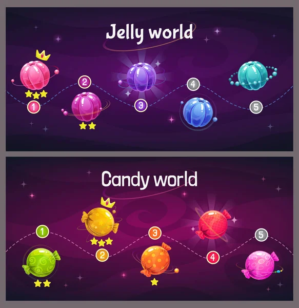 Schermata di avanzamento del livello di gioco. Mappa cosmica con gelatina e pianeti caramellati . — Vettoriale Stock