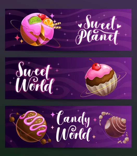 Candy Shop creatieve reclame banners set. Sweet Planet World Design. — Stockvector