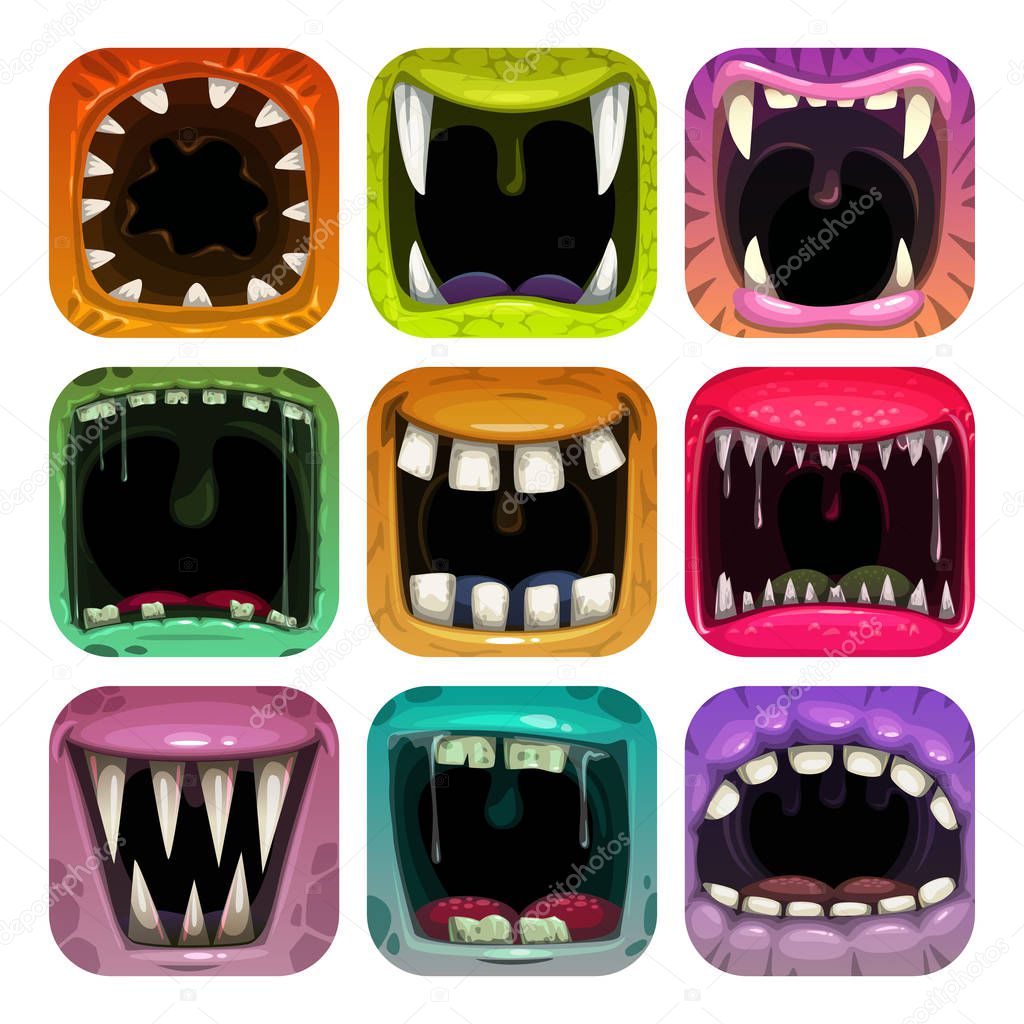 Scary mouth icons. App icon set for game logo design. GUI assets on white background.