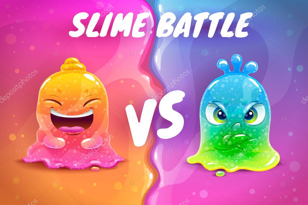 Slime battle VS illustration. Funny colorful slimy characters. Cartoon versus background.