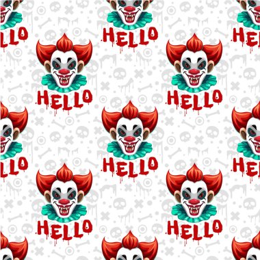 Beyaz arka planda korkunç palyaço yüzü, heykeller, kan ve kemikleri olan kusursuz bir desen..