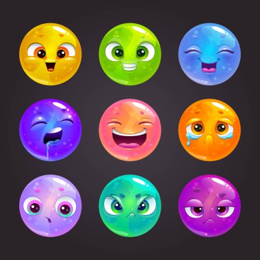 Komik çizgi film renkli yuvarlak emoji yüzleri. Oyun veya web tasarımı için vektör varlıkları.